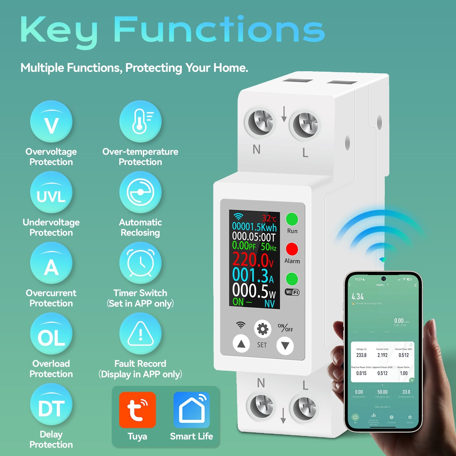 WiFi Smart Energy Meter 63A Rail Mounted | Real-Time Power Monitoring | Tuya App | OneB - Image 2